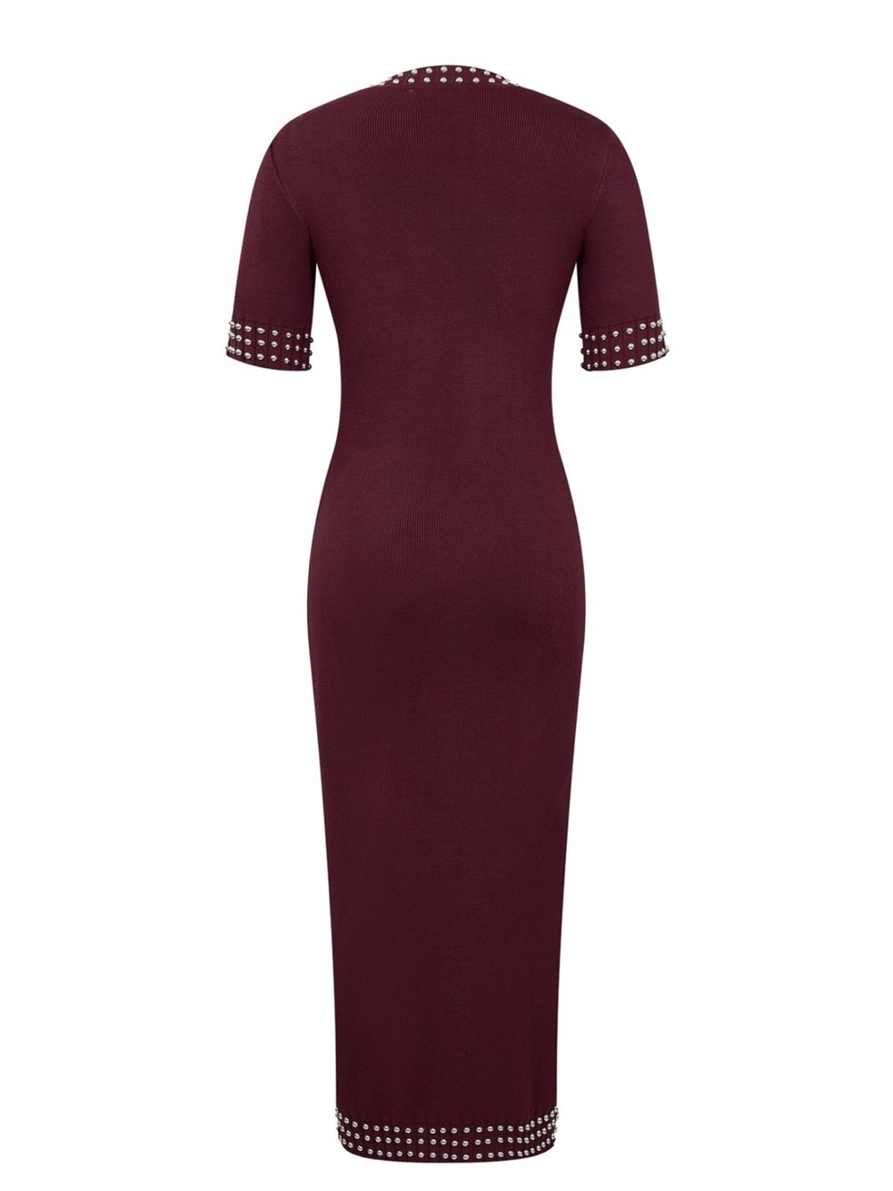 Burgundy Stud-Embellished Short-Sleeve Midi Knit Dress - Picture 6 of 6